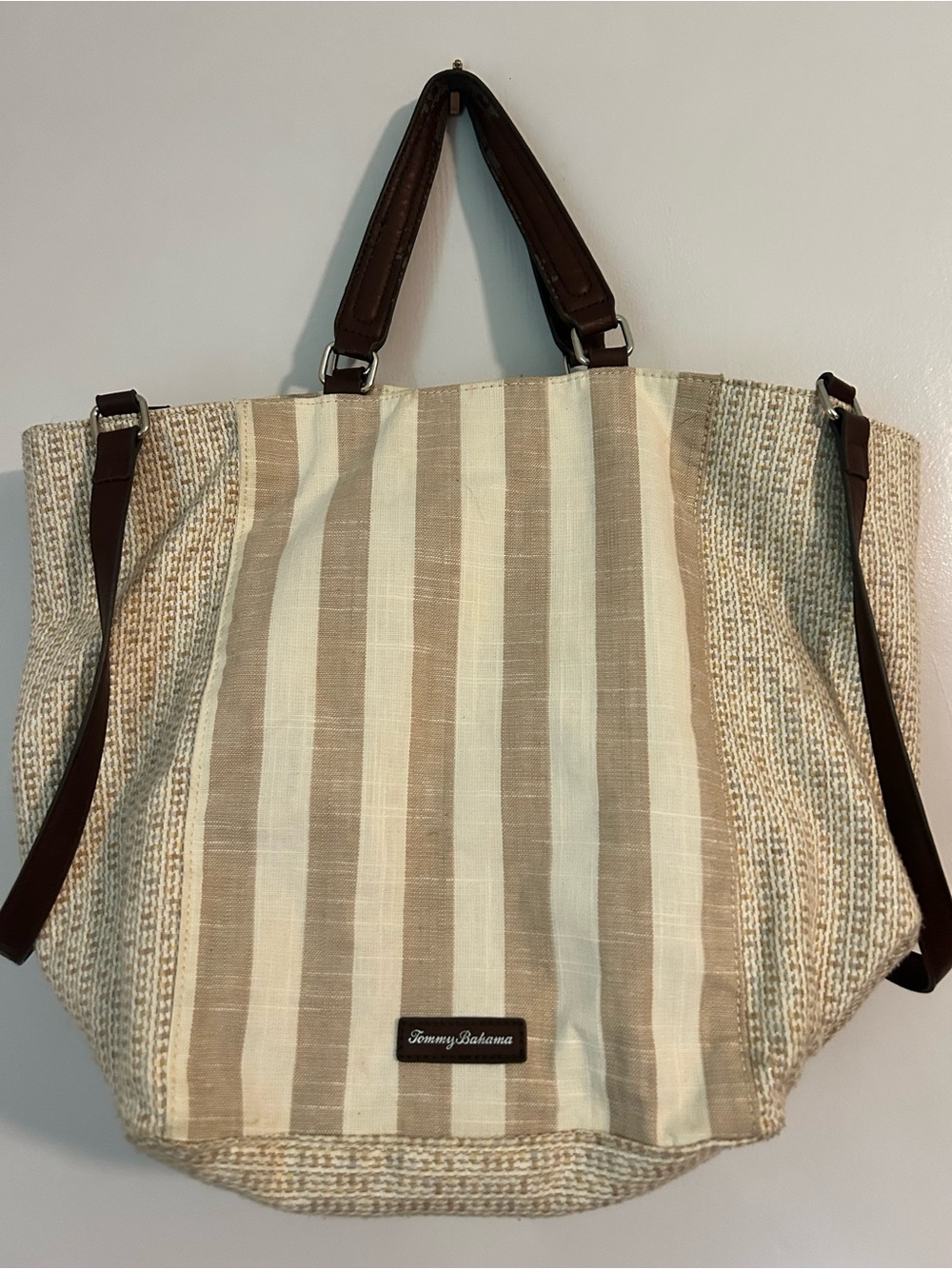 Tommy Bahama Neutral Striped Tote with Brown Handles
